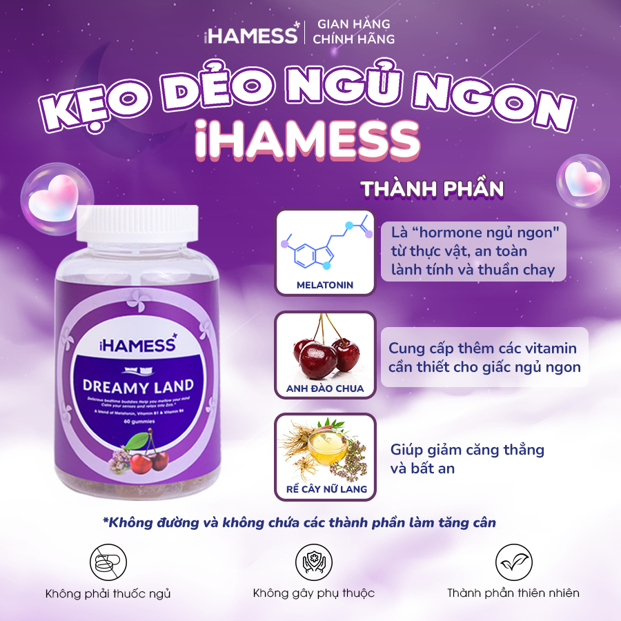 Combo Kẹo dẻo ngủ ngon iHamess, Hỗ trợ tăng cường chất lượng giấc ngủ, Dễ ngủ hơn, Sâu giấc hơn 60 viên x 4gr