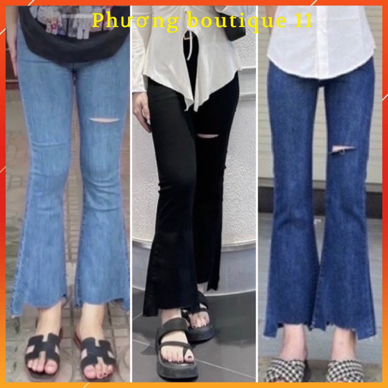 Quần jeans loe co giãn 2 chiều thiết kế rách đùi cắt gấu thời trang