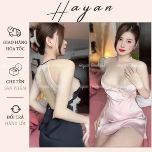 HT28 Váy ngủ sexy viền ren hoa ngực dây buộc hở lưng,đồ ngủ lụa cổ yếm mặc nhà gợi cảm HT28