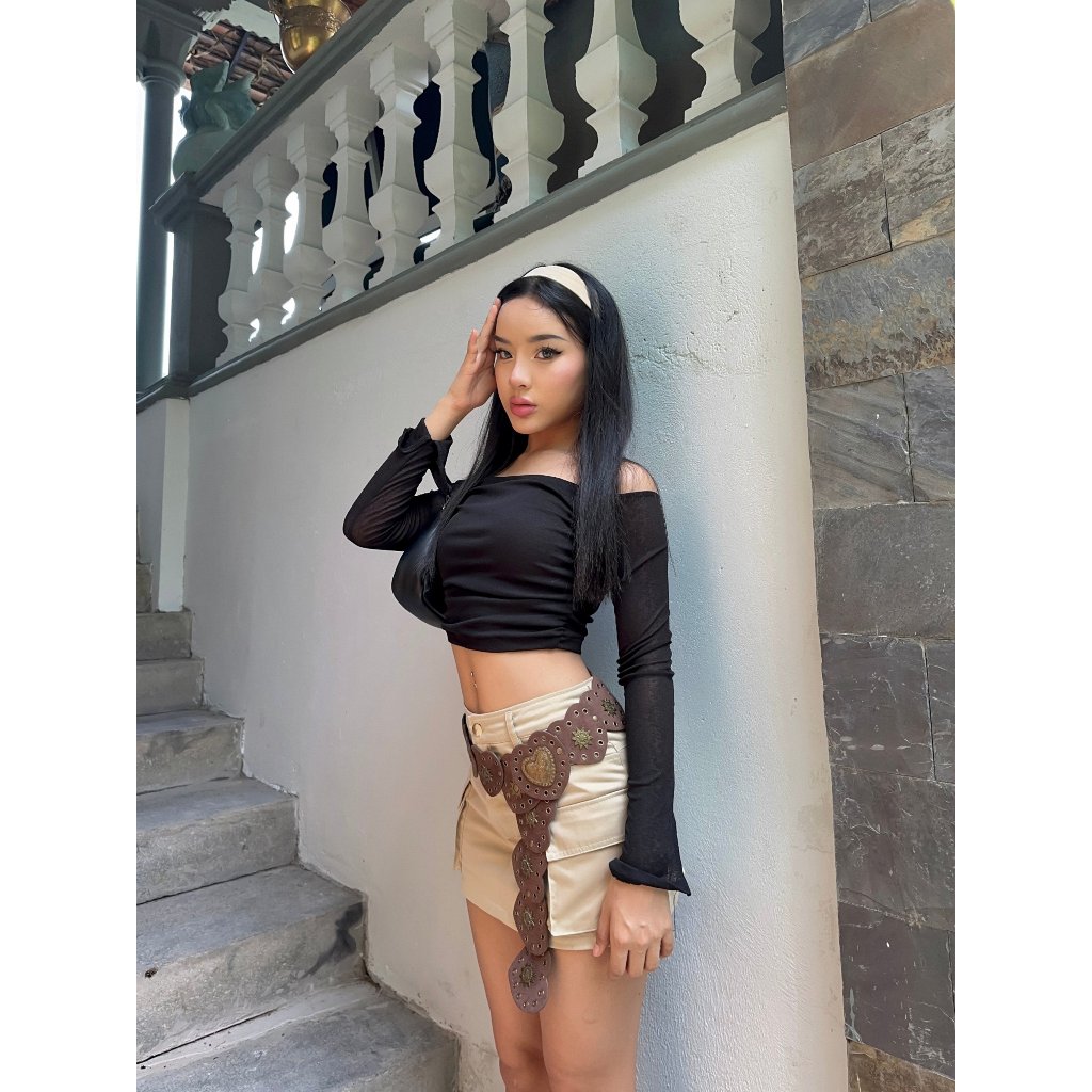 Áo Thun Croptop Dài Tay Trễ Vai Pepper Clothing Áo Thun 2 Lớp Nhún Eo Tay Loe Tôn Dáng Màu Trắng - Serena Top | BigBuy360 - bigbuy360.vn