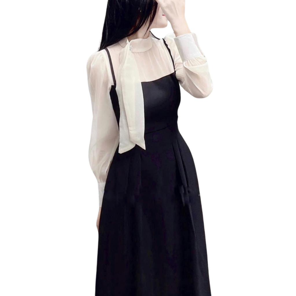 Váy ôm xoè dáng dài phối tơ cổ thắt nơ chất trượt í mềm dày không phai không nhàu V209