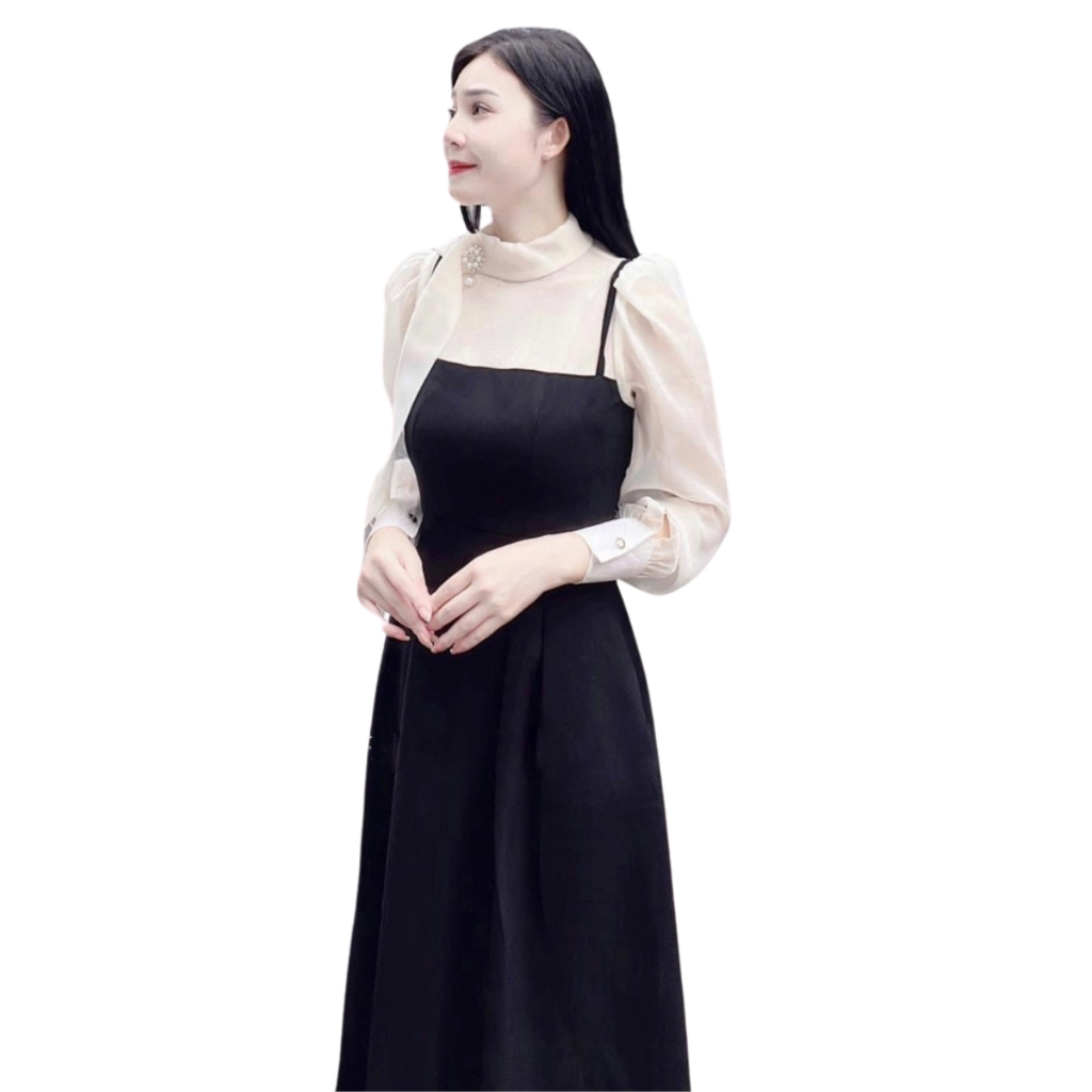 Váy ôm xoè dáng dài phối tơ cổ thắt nơ chất trượt í mềm dày không phai không nhàu V209