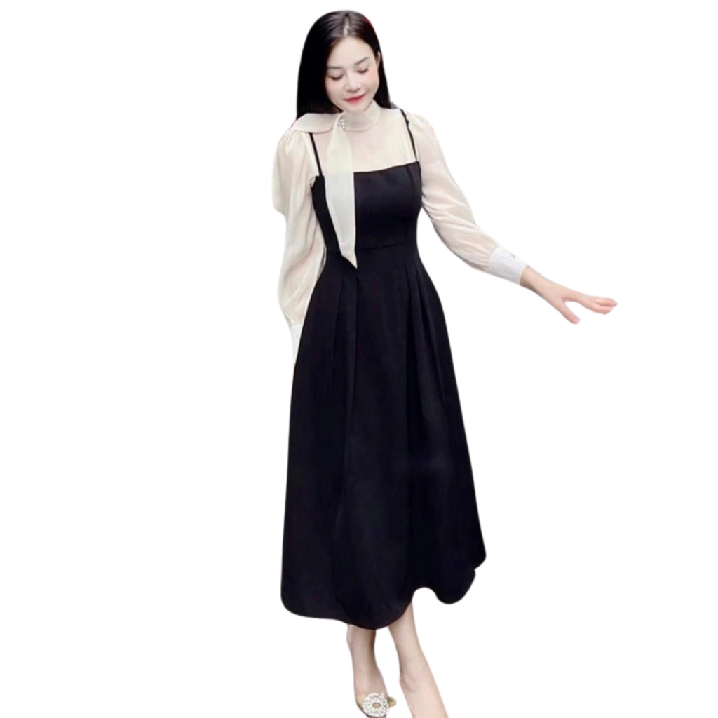 Váy ôm xoè dáng dài phối tơ cổ thắt nơ chất trượt í mềm dày không phai không nhàu V209
