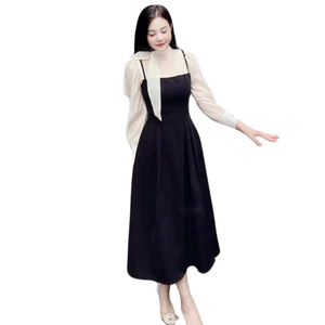 Váy ôm xoè dáng dài phối tơ cổ thắt nơ chất trượt í mềm dày không phai không nhàu V209