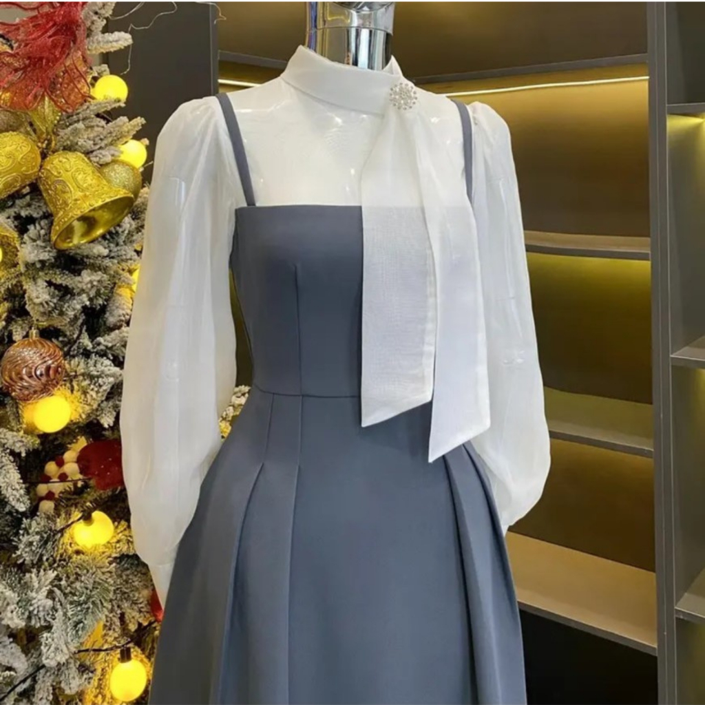 Váy ôm xoè dáng dài phối tơ cổ thắt nơ chất trượt í mềm dày không phai không nhàu V209
