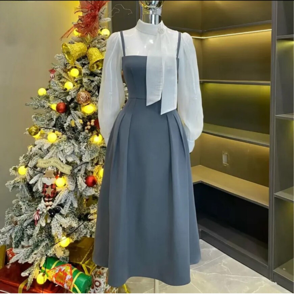 Váy ôm xoè dáng dài phối tơ cổ thắt nơ chất trượt í mềm dày không phai không nhàu V209