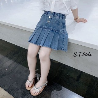 Chân váy jean bé gái có quần bảo hộ, chân váy bò xếp ly bé gái form 10-30kg