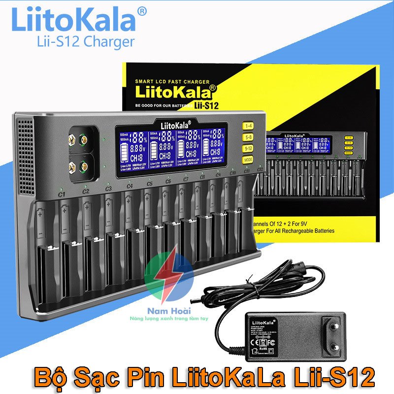 Bộ sạc pin Liitokala Lii-S12 12 khe cắm sạc cho pin 9V 18650 26650 ...