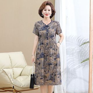 Váy ngắn tay mùa hè dành cho quý cô trung niên độ tuổi 40-50, váy suông cao cấp dành cho mẹ trung niên