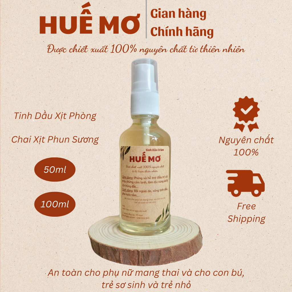 Bình xịt Tinh dầu Sả, Tràm, Quế Nguyên Chất HUẾ MƠ - Đuổi muỗi,côn trùng,khử mùi,thơm phòng-50/100ml