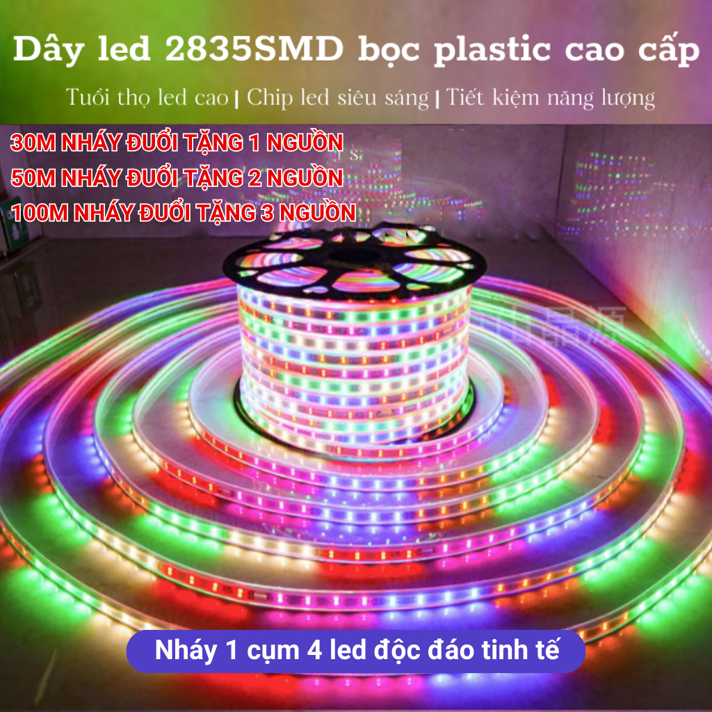 50MDây đèn led trang trí nháy đuôi đa sắc màu 1 hàng 2835 bọc PVC cao cấp TẶNG NGUỒN,dây  chống nước hắt trần,cuốn cây