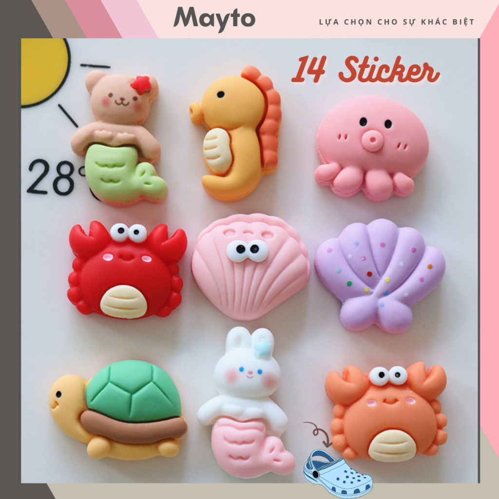 Bộ 14 Sticker, Charm 3D chủ đề sinh vật biển DIY nhựa cứng gắn Dép, Dép ...