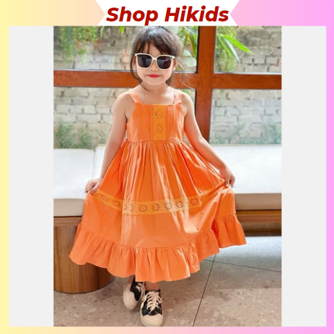 Váy Đầm Tết Màu Cam Cho Bé Gái Sofia Candy Cotton Thô Mềm 2 Dây Phối Ren Mềm Dáng A Xòe Đi Chơi, Du Lịch, Đi Học