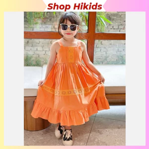 Váy Đầm Tết Màu Cam Cho Bé Gái Sofia Candy Cotton Thô Mềm 2 Dây Phối Ren Mềm Dáng A Xòe Đi Chơi, Du Lịch, Đi Học