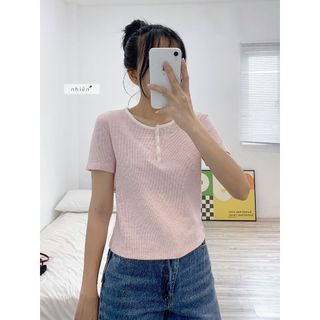 CÓ FULL MÀU - Áo thun tay ngắn - áo thun viền cổ vuông phối nút nhiennhienvintage NAT00015
