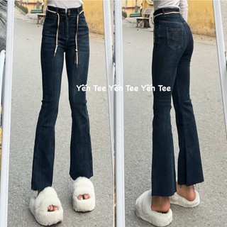 Quần jeans ống loe xanh chàm đậm tôn da , thiết kế thêu túi sau Yến Tee Shop #10032