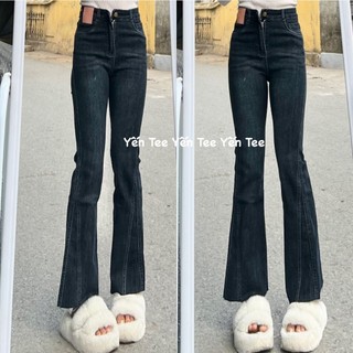 Quần jeans ống loe màu xanh chàm đậm tôn da gấu thiết kế viền lệch cá tính #10042