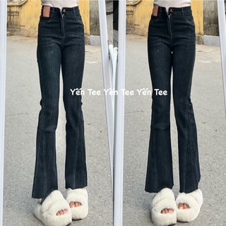 Quần jeans ống loe màu xanh chàm đậm tôn da gấu thiết kế viền lệch cá tính #10042