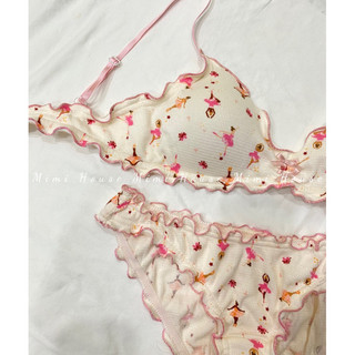 Set đồ lót cotton viền bèo tone hồng - Handmade by Mimi house