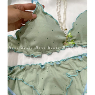 Set đồ lót cotton viền bèo tone xanh chấm bi - Handmade by Mimi house