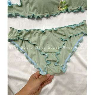 Set đồ lót cotton viền bèo tone xanh chấm bi - Handmade by Mimi house