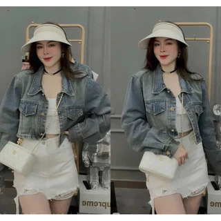 Áo khoác jean dáng croptop tay dài, Áo khoác jean 2 túi trước màu xanh phong cách