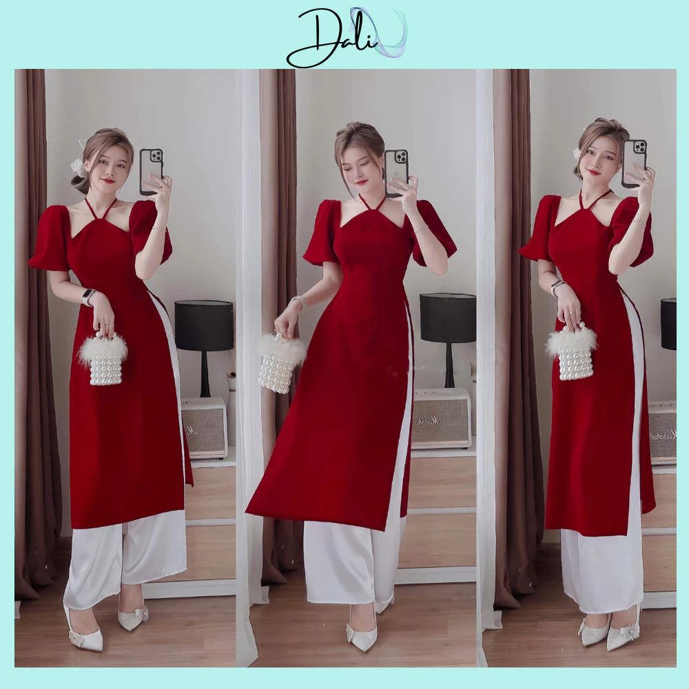 Áo Dài Cách Tân Chất Liệu Nhung Cổ Yếm