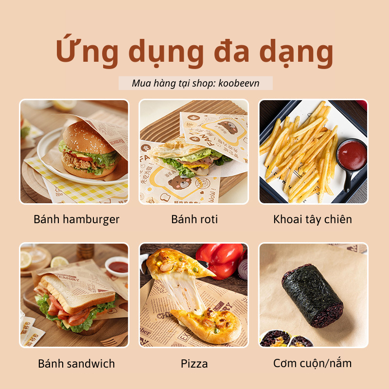 Giấy Gói Bánh Mì Sandwich Hamburger KALUS Chống Dính Chống Ẩm Chịu Nhiệt Gập Đôi Dán Cạnh Size 18x18cm (PKB50)
