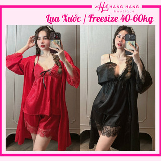 Đồ ngủ nữ 40-60kg, đồ ngủ 2 dây quần đùi sexy kèm áo choàng lụa xước mềm mát 60CS40, đồ bộ nữ đồ mặc nhà trơn sang chảnh