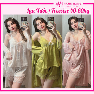 Đồ ngủ nữ 40-60kg, đồ ngủ 2 dây quần đùi sexy kèm áo choàng lụa xước mềm mát 60CS40, đồ bộ nữ đồ mặc nhà trơn sang chảnh
