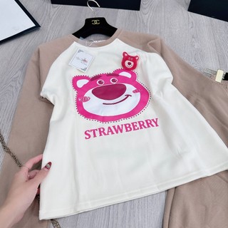Set Bộ Đồ Nữ Gấu STRAWBERRY Áo Nỉ 2 Da Phối Màu Tay Giáp Lăng Mix Quần Dài Nâu Boom Gấu Freesize