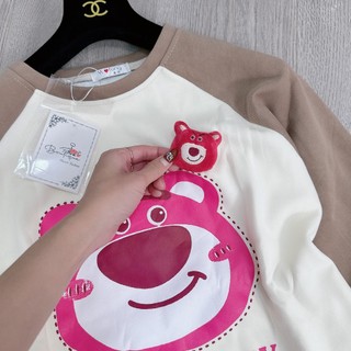 Set Bộ Đồ Nữ Gấu STRAWBERRY Áo Nỉ 2 Da Phối Màu Tay Giáp Lăng Mix Quần Dài Nâu Boom Gấu Freesize