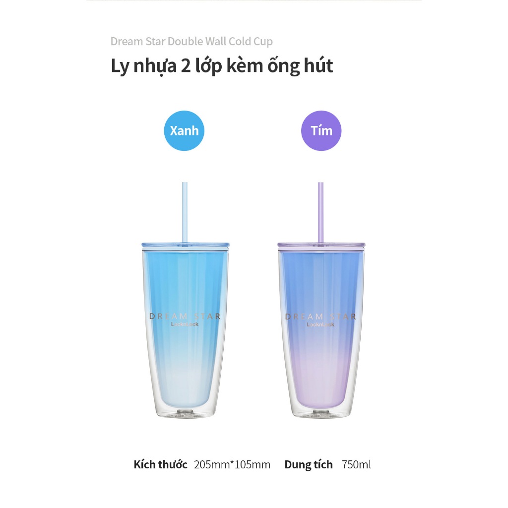 Ly nhựa 2 lớp LocknLock Double Wall Cold Cup 750ml HAP522BLU Màu Xanh Kèm ống hút và cọ rửa - K-MALL
