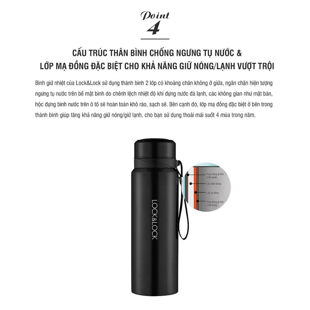 Bình giữ nhiệt LocknLock 800ml Vacuum Bottle LHC6180 Xám, khay lưới lọc trà, dây treo xách - K-MALL