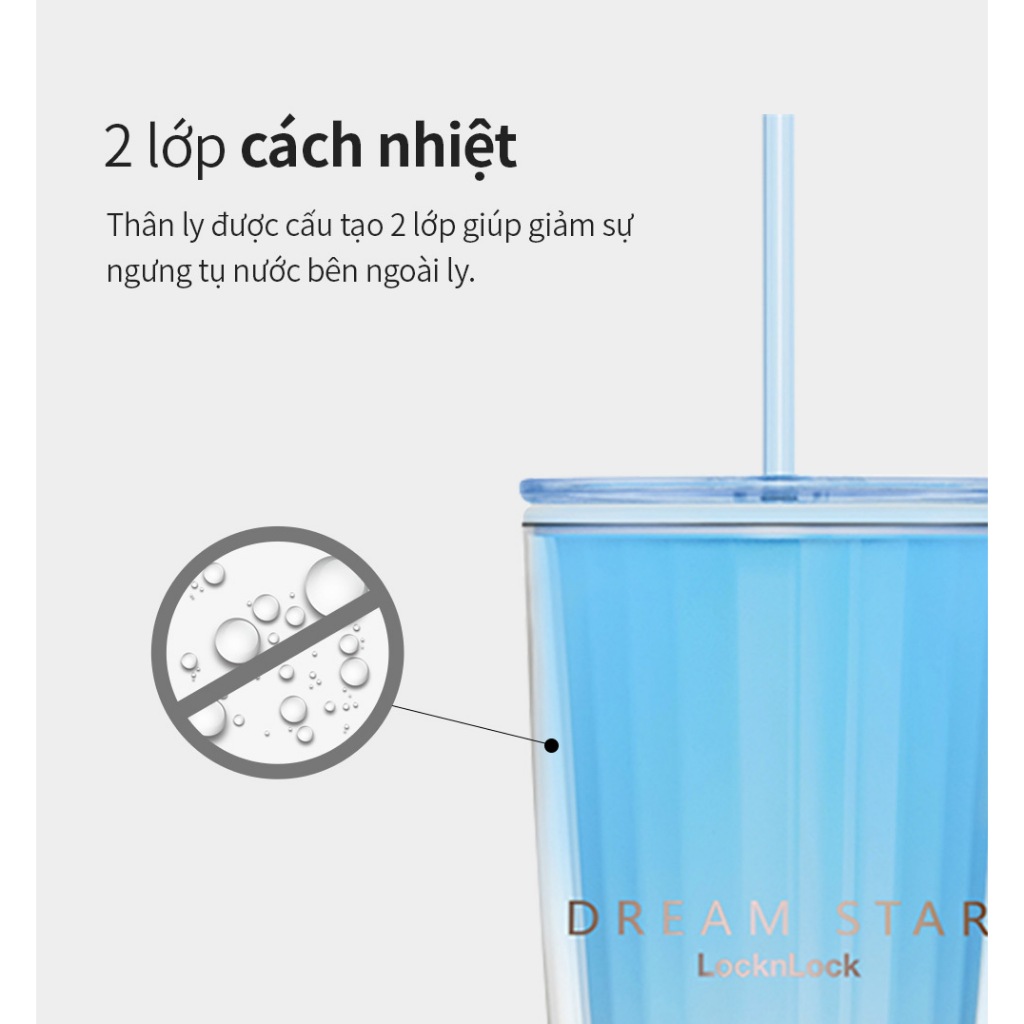 Ly nhựa 2 lớp LocknLock Double Wall Cold Cup 750ml HAP522VOL Màu Tím, Kèm ống hút và cọ rửa - K-MALL