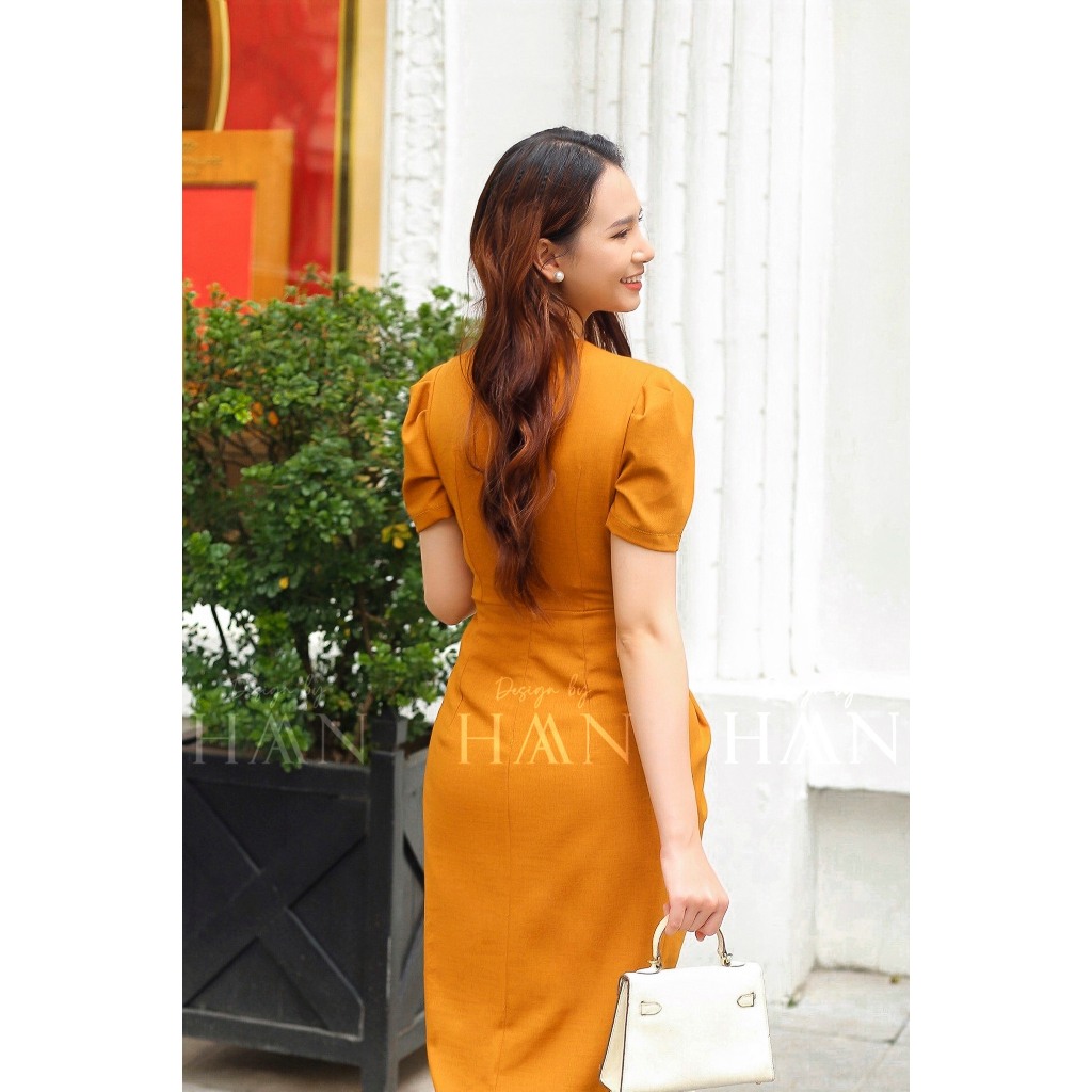 Váy dáng dài công sở nữ HAAN DESIGN ngắn tay chiết eo tôn dáng chất liệu vải tuytsi mềm đẹp màu vàng mù tạt (VÁY 11)