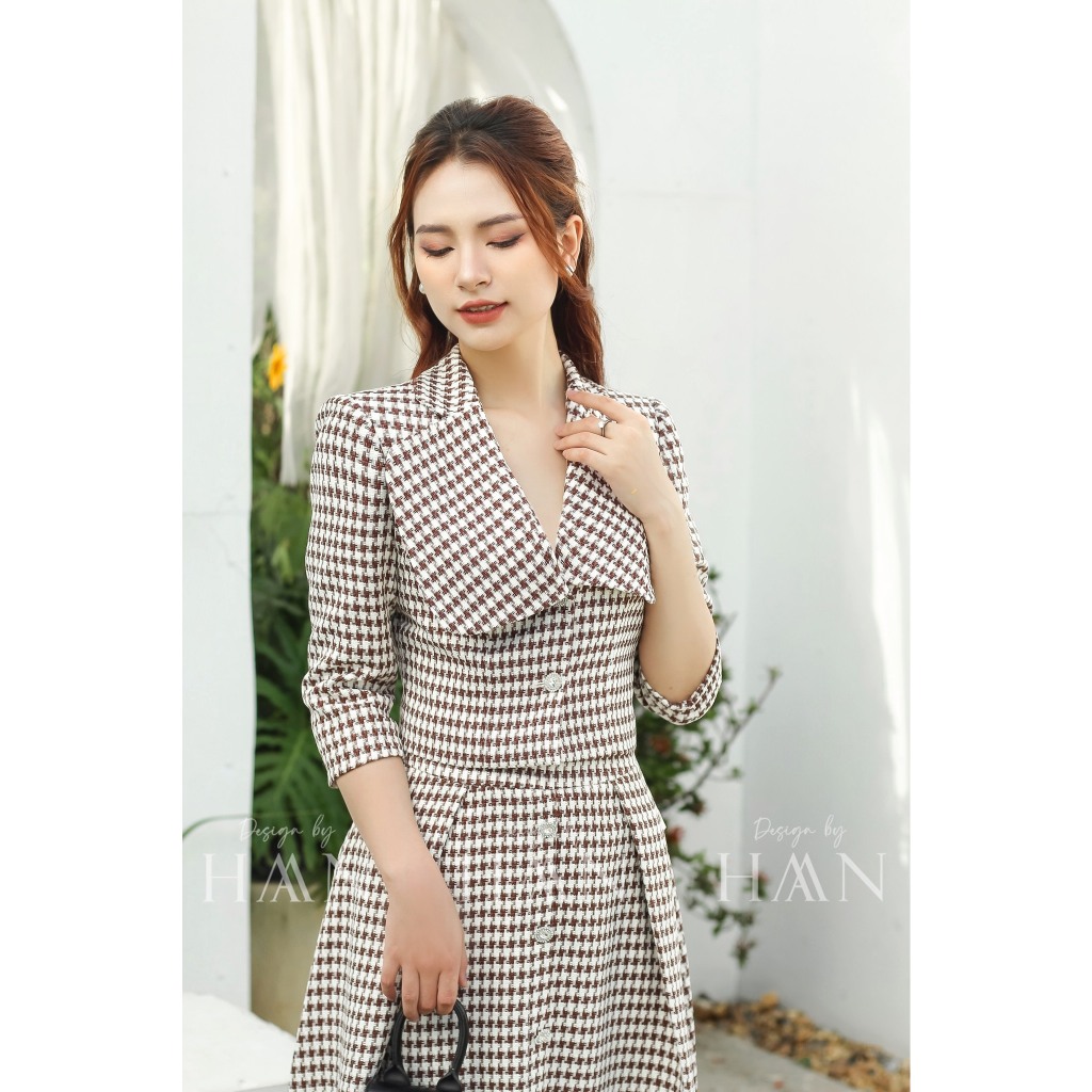 Set áo váy công sở HAAN chất Tweed mỏng áo dáng vest, chân váy dáng dài mềm đẹp hoạ tiết kẻ (SET01)