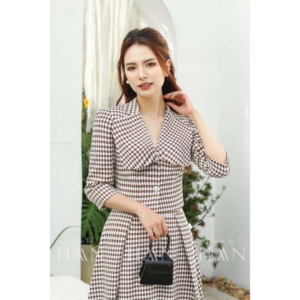 Set áo váy công sở HAAN chất Tweed mỏng áo dáng vest, chân váy dáng dài mềm đẹp hoạ tiết kẻ (SET01)