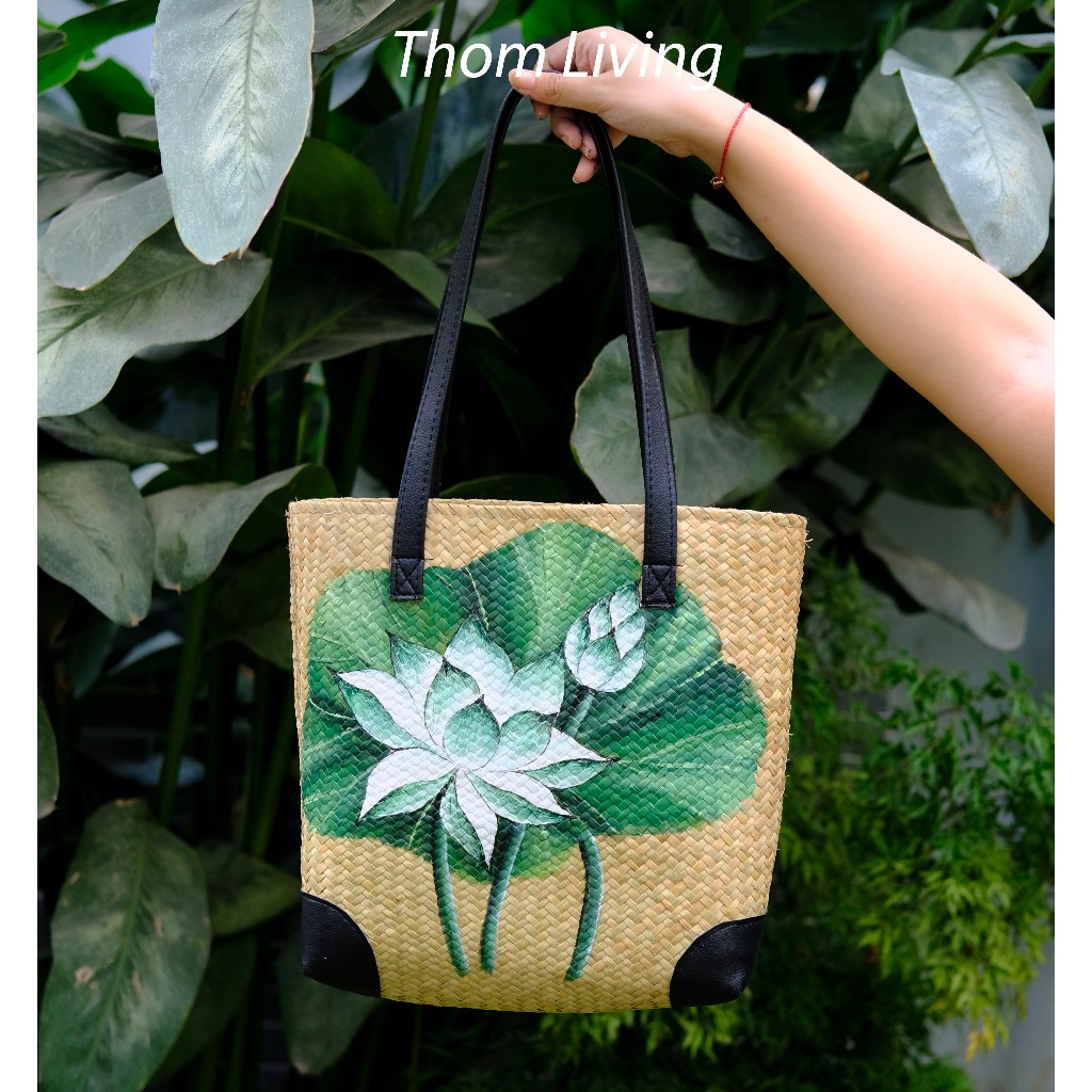 Giỏ tote cỏ bàng đeo vai đựng laptop đi làm góc bọc da PU