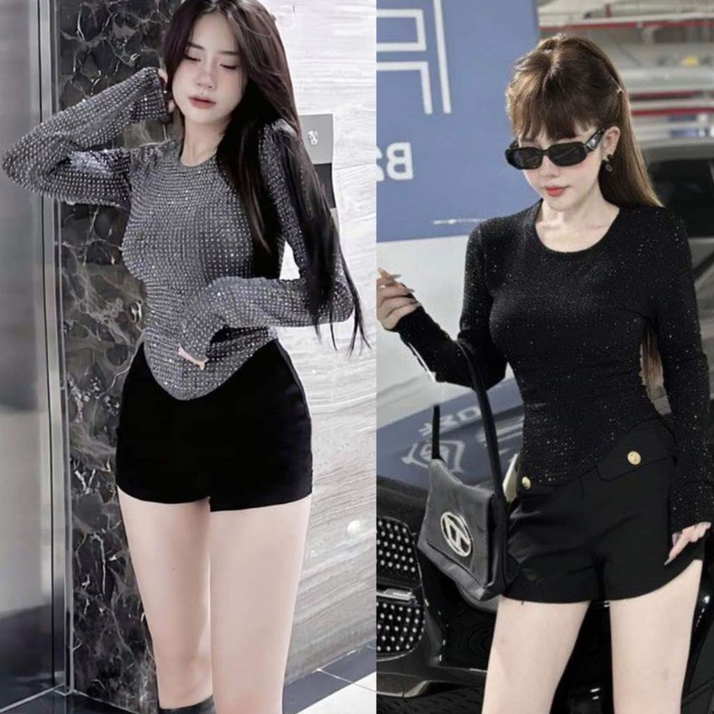 Áo Thun Nữ Bigsize 40-85kg Tay Dài Đính Đá Hottrend - Áo Kiểu Cổ Thuyền Ôm Body Tôn Dáng ESHOP MS009