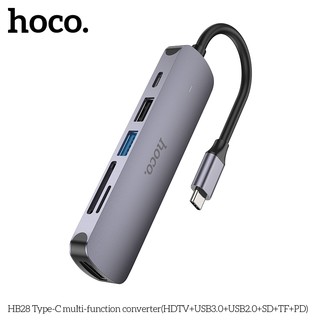 Bộ chia cổng Hoco HB28 từ Type-C sang HDMI + PD TypeC 60W + USB 3.0 + USB 2.0 + SD + TF (Xám) - Hãng phân phối