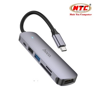 Bộ chia cổng Hoco HB28 từ Type-C sang HDMI + PD TypeC 60W + USB 3.0 + USB 2.0 + SD + TF (Xám) - Hãng phân phối