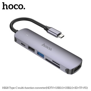 Bộ chia cổng Hoco HB28 từ Type-C sang HDMI + PD TypeC 60W + USB 3.0 + USB 2.0 + SD + TF (Xám) - Hãng phân phối