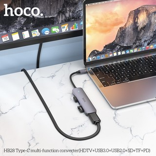 Bộ chia cổng Hoco HB28 từ Type-C sang HDMI + PD TypeC 60W + USB 3.0 + USB 2.0 + SD + TF (Xám) - Hãng phân phối