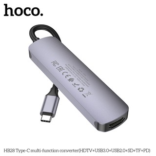 Bộ chia cổng Hoco HB28 từ Type-C sang HDMI + PD TypeC 60W + USB 3.0 + USB 2.0 + SD + TF (Xám) - Hãng phân phối