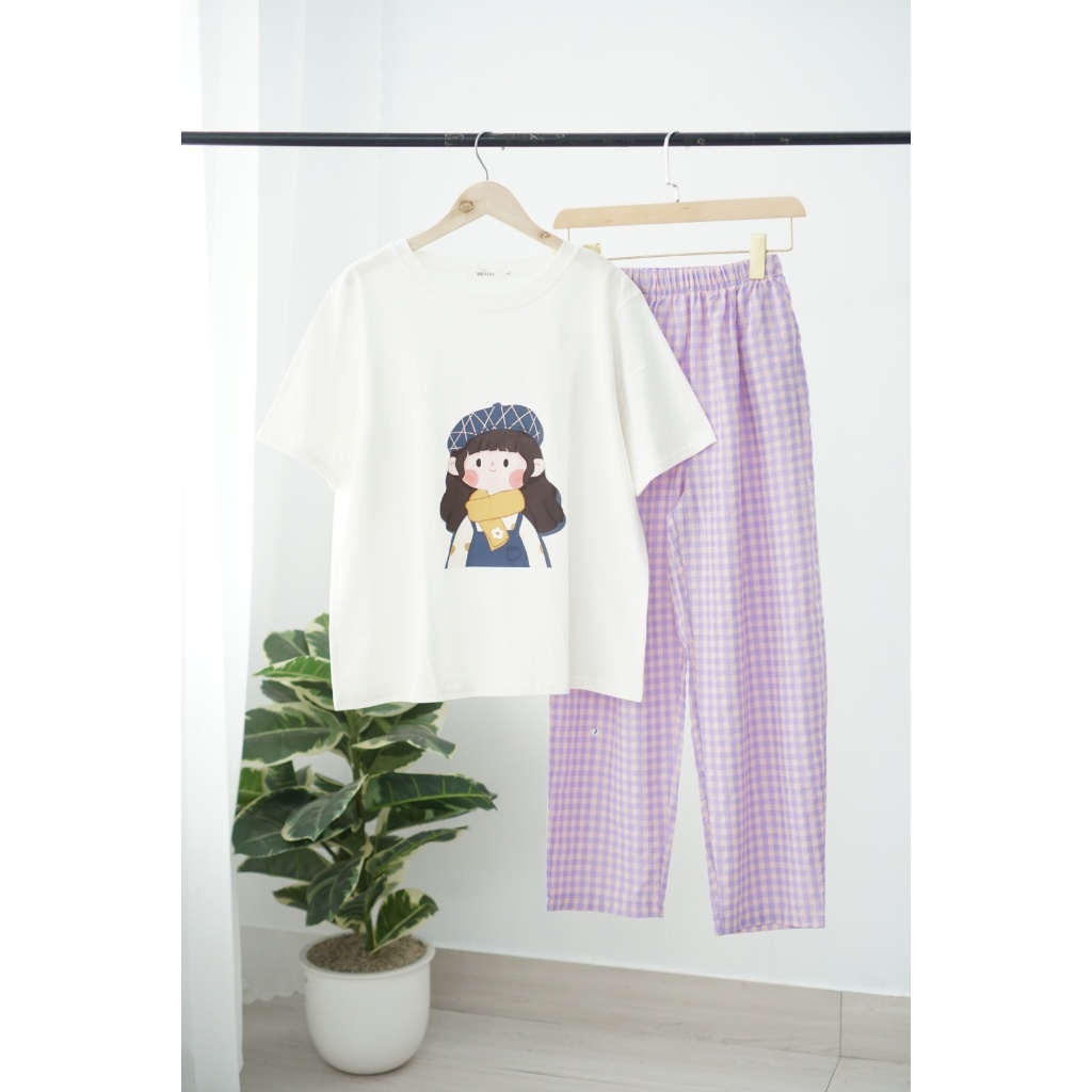 Sét đồ nữ quần dài kẻ caro dáng baggy, áo thun cotton in hình, sét đồ mặc nhà, đi chơ MENINA