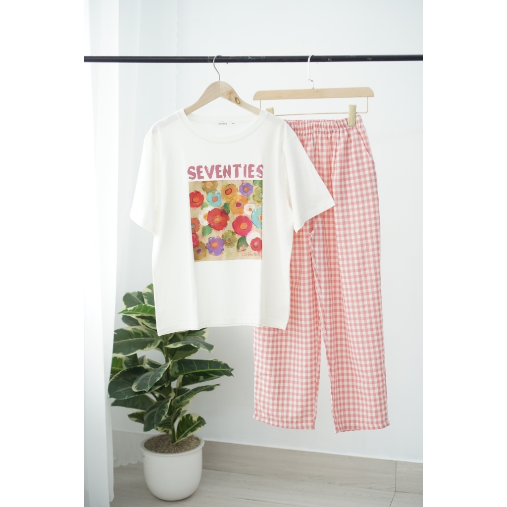 Sét đồ nữ quần dài kẻ caro dáng baggy, áo thun cotton in hình, sét đồ mặc nhà, đi chơ MENINA