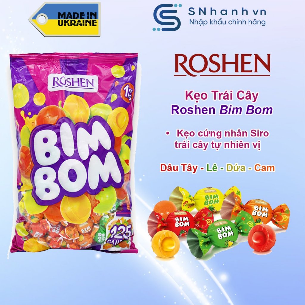 Kẹo nhân siro trái cây tự nhiên Roshen Bim Bom – Lê – Dứa – Dâu Tây ...