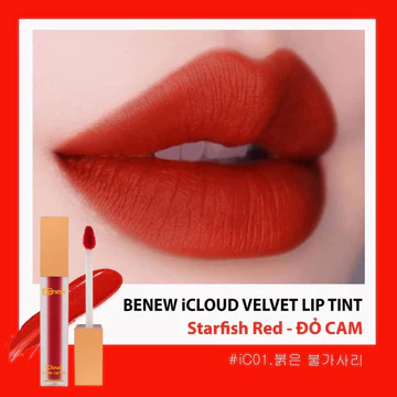 Son kem lì Benew iCloud Velvet Lip Tint giữ màu tự nhiên trên 8 tiếng, không trôi khi ăn uống son mềm mịn, không khô môi
