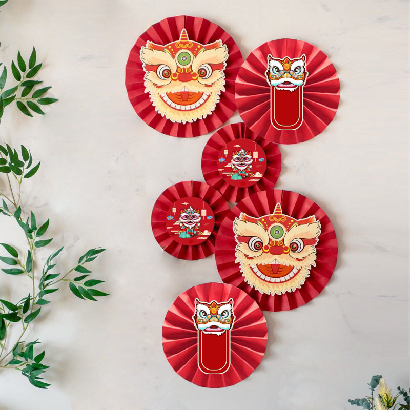 Set 6 quạt giấy màu đỏ trang trí Tết - Hoa giấy xếp màu đỏ